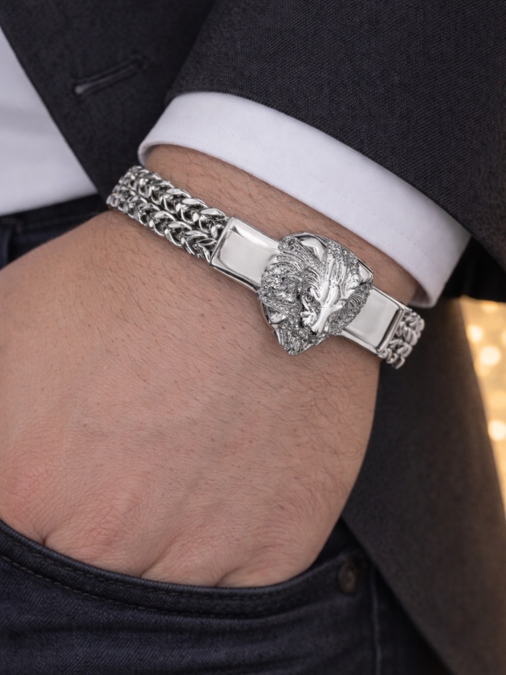 Men's Silver Lion Head Chain Bracelet - Unbranded